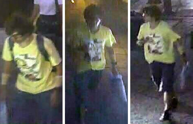 Diese Fotos zeigen den Bomber im gelben T-Shirt in der Nähe des Erwan Schreins. Video-Aufnahmen der Überwachungskamera zeigen den Mann wie er seinen Rucksack in dem sich offensichtlich die Bombe befindet, wie er zum Schrein geht, sich auf eine Bank setzt und dann den Rucksack zurück lässt. (Foto: Royal Thai Police via AP) Diese Fotos zeigen den Bomber im gelben T-Shirt in der Nähe des Erwan Schreins. Video-Aufnahmen der Überwachungskamera zeigen den Mann wie er seinen Rucksack in dem sich offensichtlich die Bombe befindet, wie er zum Schrein geht, sich auf eine Bank setzt und dann den Rucksack zurück lässt. (Foto: Royal Thai Police via AP)