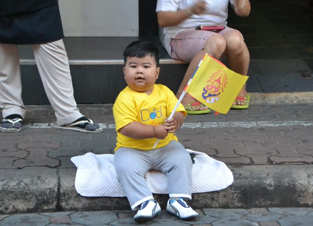 The small guy in the photo didn’t join, but watched the parade go by. He was dressed in yellow and holding the flag, showing respects to HM the King.