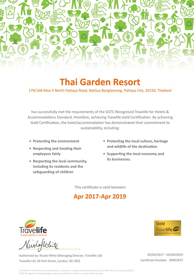 Die Zertifikate welche das Thai Garden Resort erhielt.