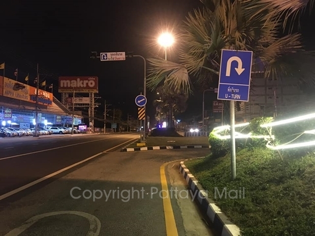 Die Unglücksstelle beim U-Turn vor dem Makdo Einkaufscenter an der Sukhumvit Road. 